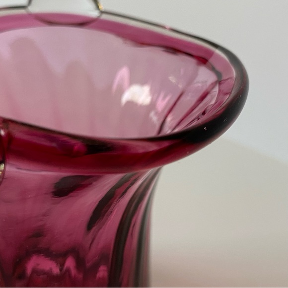 Cranberry Glass Basket by Pilgrim with Clear Glass Handles 5.5” high pink EUC - Picture 9 of 16